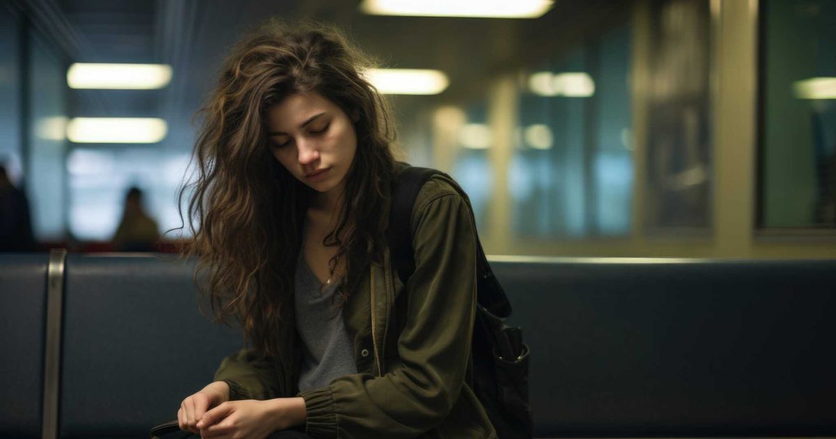 A young woman sits alone on an empty bench in what appears to be a waiting area or terminal. She looks down, her expression withdrawn and contemplative. Her posture is slouched as she fidgets with something in her hands, conveying a sense of disappointment, loneliness, or quiet realization. The background is blurred, emphasizing her isolation in the moment.