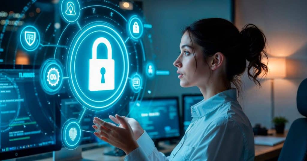 Cybersecurity professional analyzing digital data protection in her office. The woman has her hair in ponytail and wearing a white shirt.