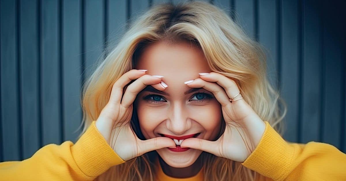 a blonde woman wearing a yellow sweater is smiling making a heart shaped with her hands.