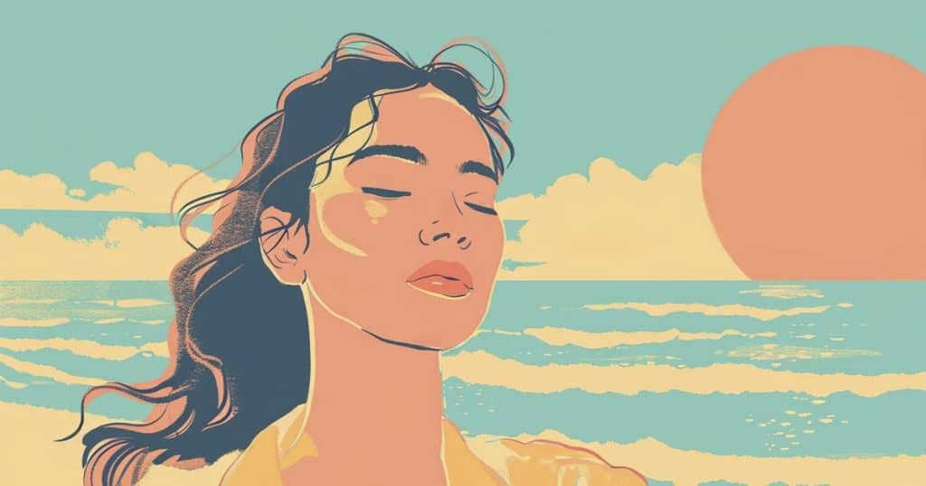an illustration of a woman standing against the sunrise with her eyes close feeling air on her skin looking peaceful.