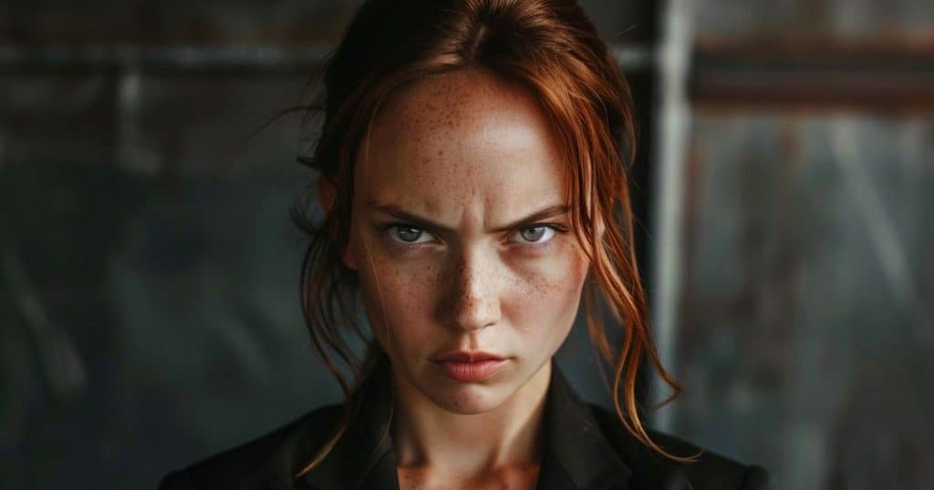 a close up of a red head woman staring very intensely feeling pissed at people.