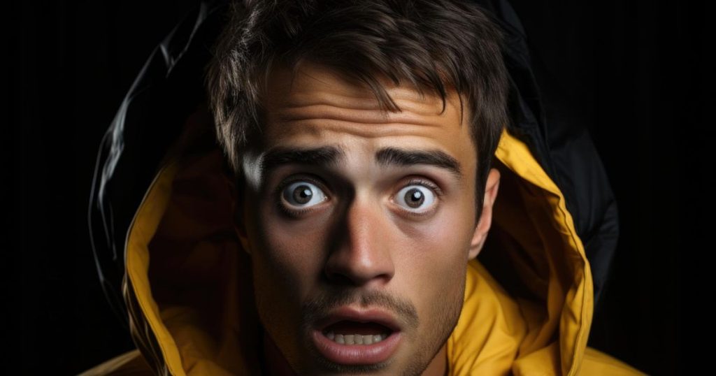 a close up of a man in yellow puffer looking surprised standing in the dark background.