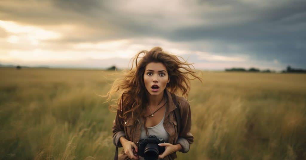 an attractive young woman with a shocked expression holding a camera with her hands in south africa.