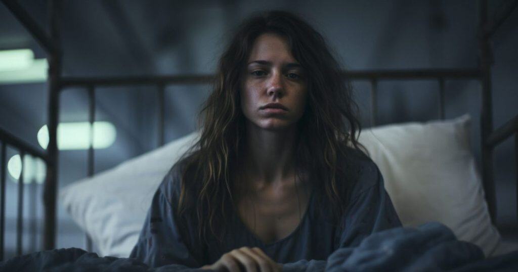 A woman with tired eyes and disheveled hair sits upright in bed, wrapped in a blanket. Her expression is numb and exhausted, capturing the emotional aftermath of trauma and the isolation that survivors often feel when their pain is dismissed or misunderstood.