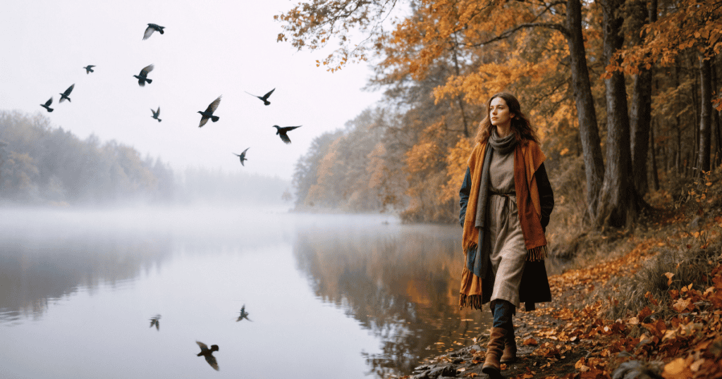 A woman walks calmly by a misty lake surrounded by autumn trees, reflecting the peaceful closure needed after ending a draining conversation with a narcissist.