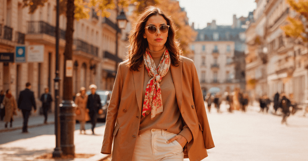 A confident woman walking through a city street in stylish clothing, radiating calm authority, symbolizing the quiet but powerful ways to shut a narcissist down without raising your voice.