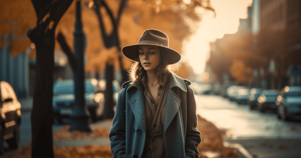 A woman in a coat and wide-brimmed hat walks calmly down an autumn street, symbolizing the confidence and composure behind bold conversation enders narcissists can’t stand.