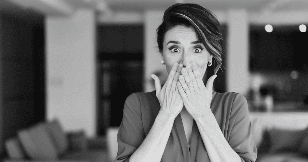 A shocked woman covering her mouth with wide eyes, embodying the stunned reaction narcissists have when hit with lines they can’t control.