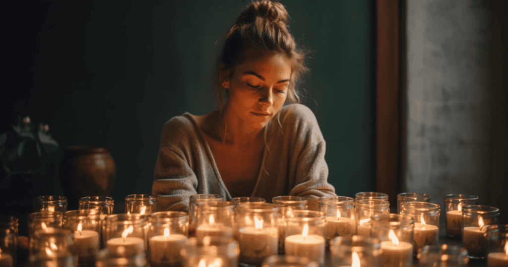 A woman sits quietly surrounded by glowing candles, symbolizing the heavy grief of accepting hard truths when the narcissist you’re mourning is still alive.