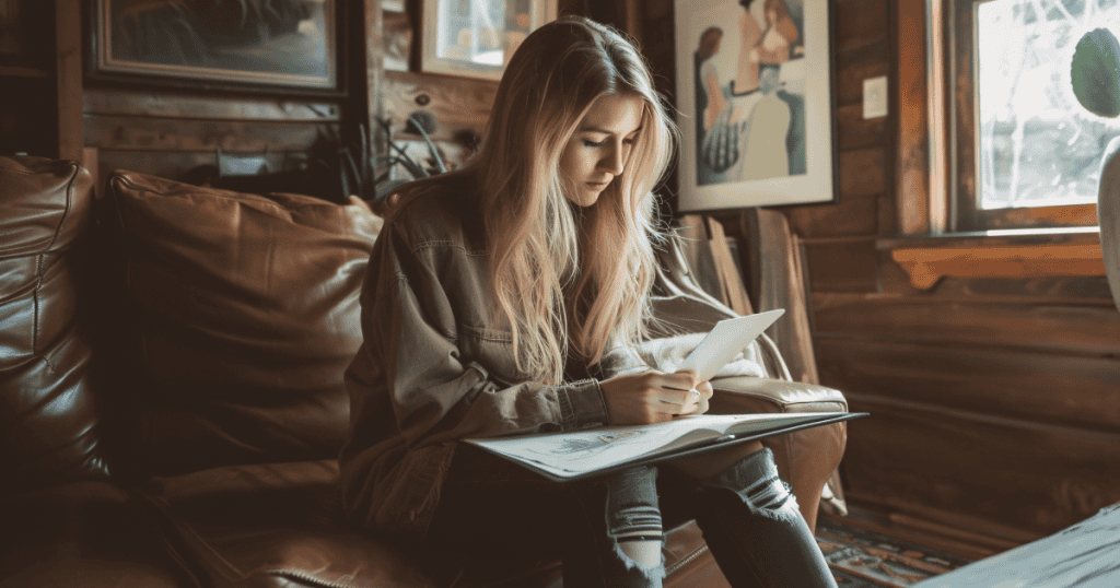 A woman quietly reviewing notes and photos in a journal symbolizes the strength of documenting narcissistic abuse as a path to truth and freedom.