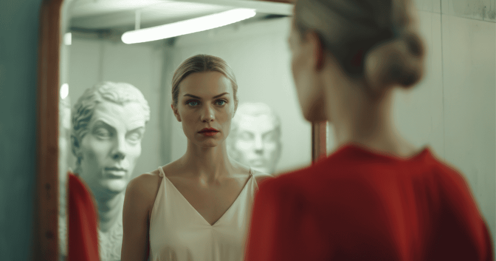 A woman stares at herself in the mirror with a serious expression, surrounded by statues in the background, symbolizing the self-reflection and hard-earned wisdom gained from painful experiences with narcissists.