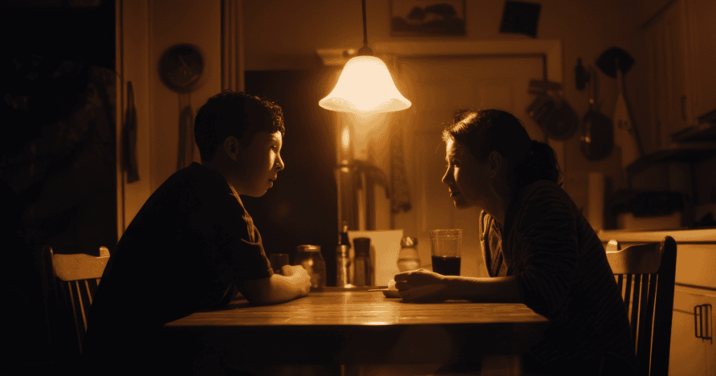 A woman and a boy sit across from each other at a kitchen table under warm light, engaged in an intense and serious conversation that hints at uncovering hidden truths.