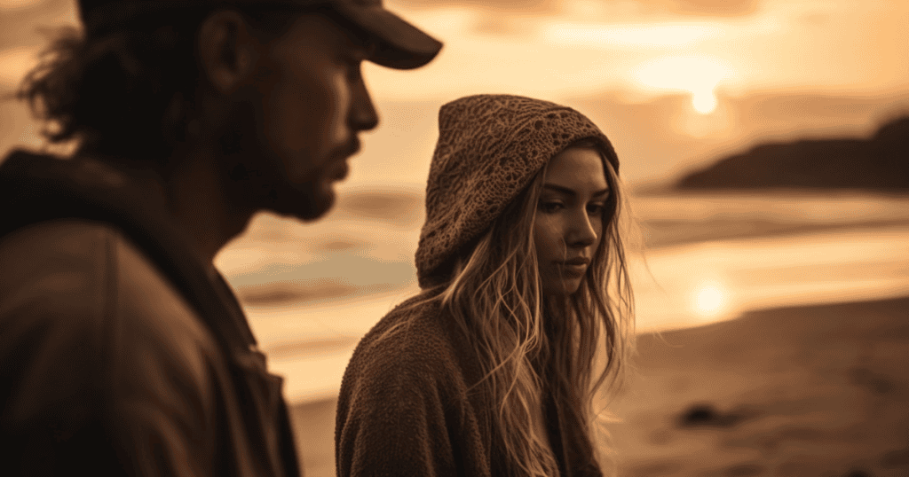 A man and woman stand on a beach at sunset, both appearing tense and distant, suggesting unspoken conflict and mistrust.