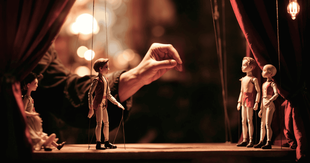 A hand controls marionette puppets on a dimly lit stage, representing how narcissists manipulate others to maintain control.