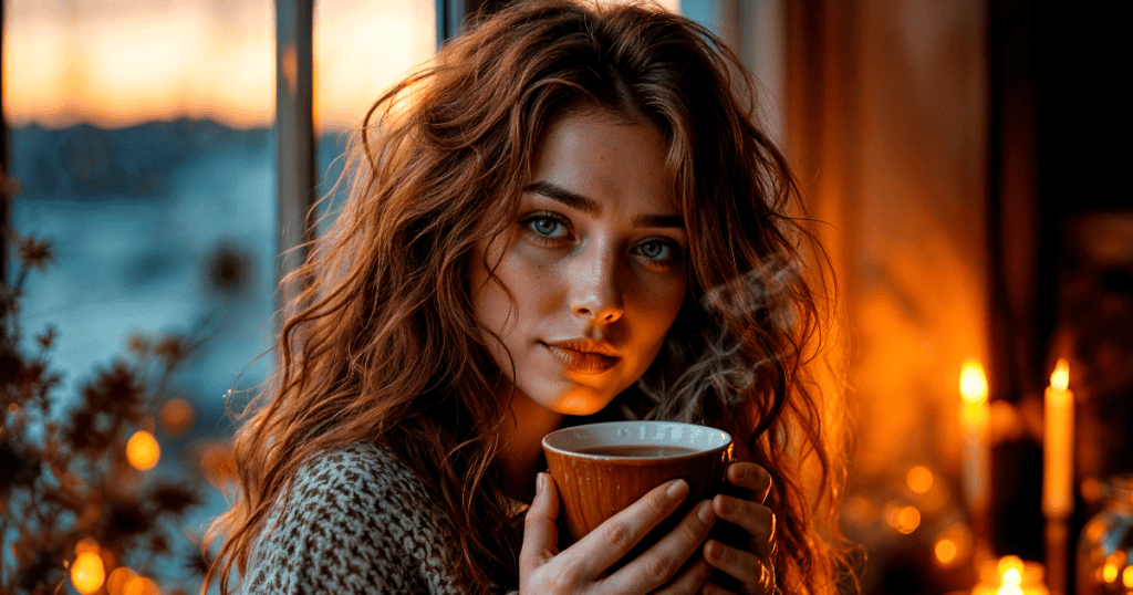 A woman with wavy hair holds a warm cup of coffee by candlelight, symbolizing quiet strength and awareness when shutting down sneaky check-ins from a narcissist.
