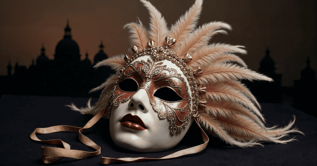 A jeweled, feathered mask rests against a dark backdrop — the perfect metaphor for the false identities narcissistic abuse forces on survivors, and the power in dismantling each one to reclaim your true self.