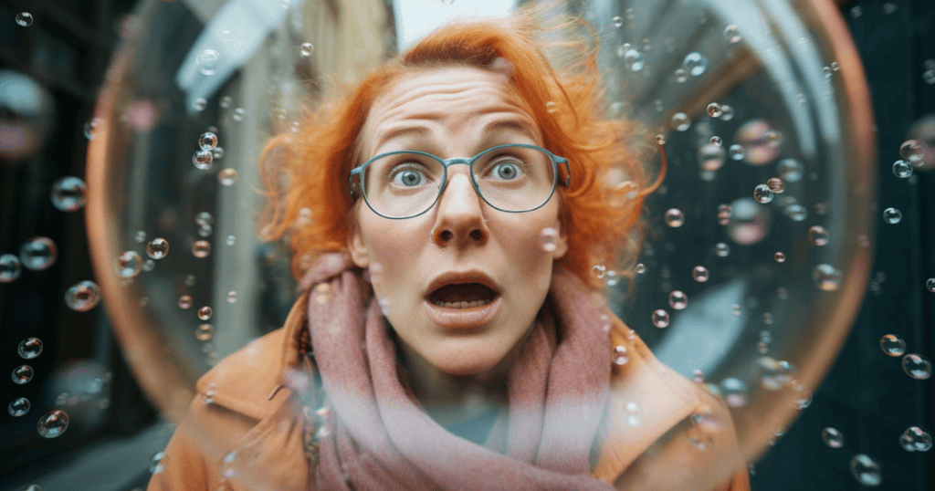 A wide-eyed woman with red hair and glasses looks shocked as bubbles float around her, symbolizing the chaos narcissistic gaslighters feel when faced with firm boundaries.
