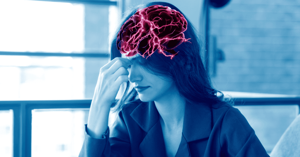 A woman holding her head with an illustrated brain above, symbolizing the mental work of rewiring thought patterns after narcissistic abuse.