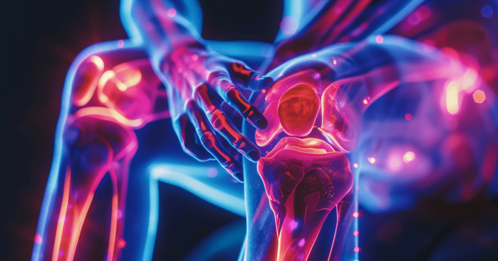 A glowing digital illustration of joints highlights inflammation in the knees and hands, symbolizing how narcissistic stress can manifest as achy or stiff joints that weigh the body down.