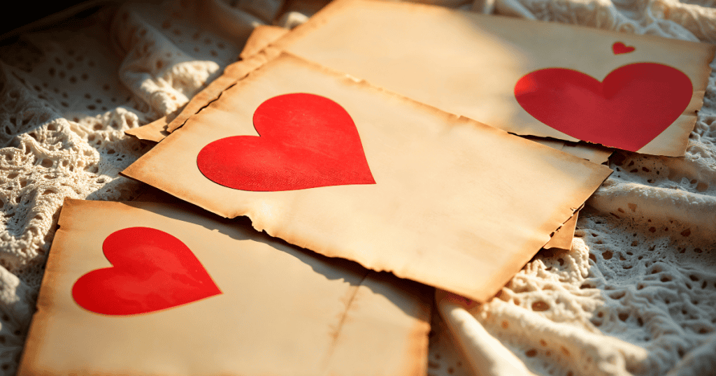 Three vintage-style letters with red hearts lie on lace fabric, illustrating the difference between genuine love and the need for approval.