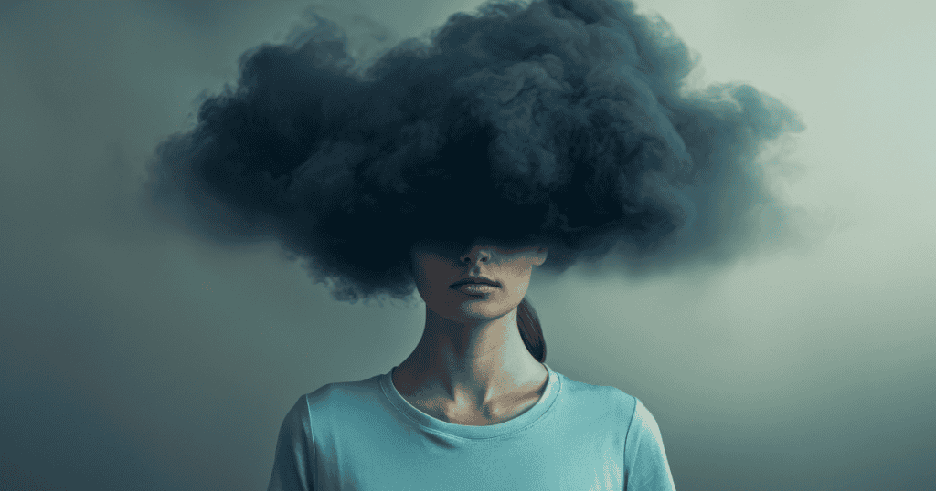 A woman stands with her face obscured by a thick dark cloud, symbolizing how brain fog under narcissistic abuse feels like living in a mental haze where clarity is stolen.