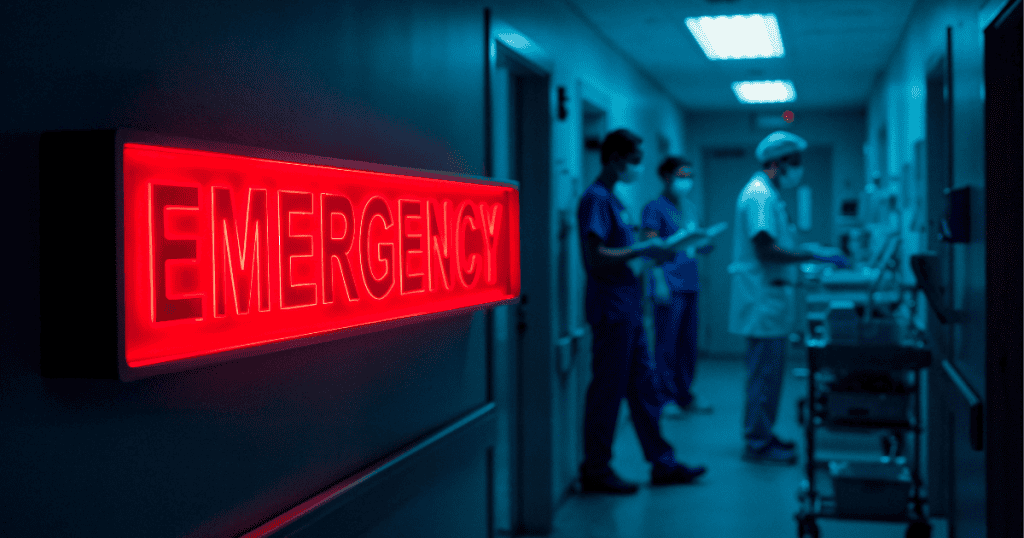 A glowing red โEMERGENCYโ sign illuminates a hospital hallway where medical staff stand by, symbolizing how narcissists stage crises to demand attention and control.