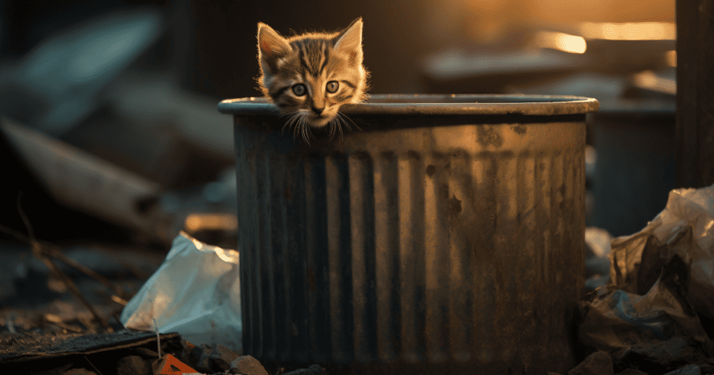 A small kitten peers out of a metal trash can surrounded by debris, symbolizing the painful feeling of being thrown away and easily replaced.