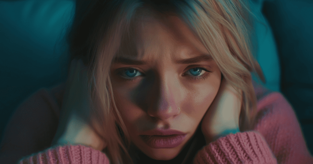 A young woman stares forward with exhaustion and sadness, her expression reflecting the weight of emotional flashbacks triggered by past trauma.