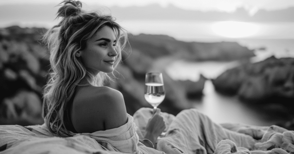 A black-and-white photo of a woman wrapped in a blanket, holding a glass of wine, and gazing toward the horizon with a subtle, knowing smile — perfectly capturing calm detachment and quiet confidence.