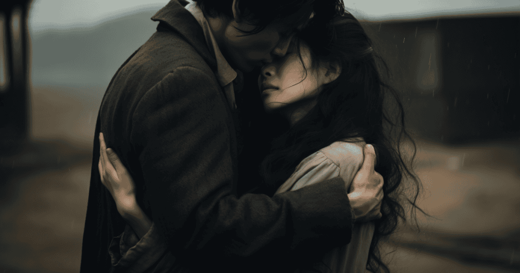 A man holds a woman tightly in the rain, pressing his forehead to hers in a moment of deep emotional connection and closure.