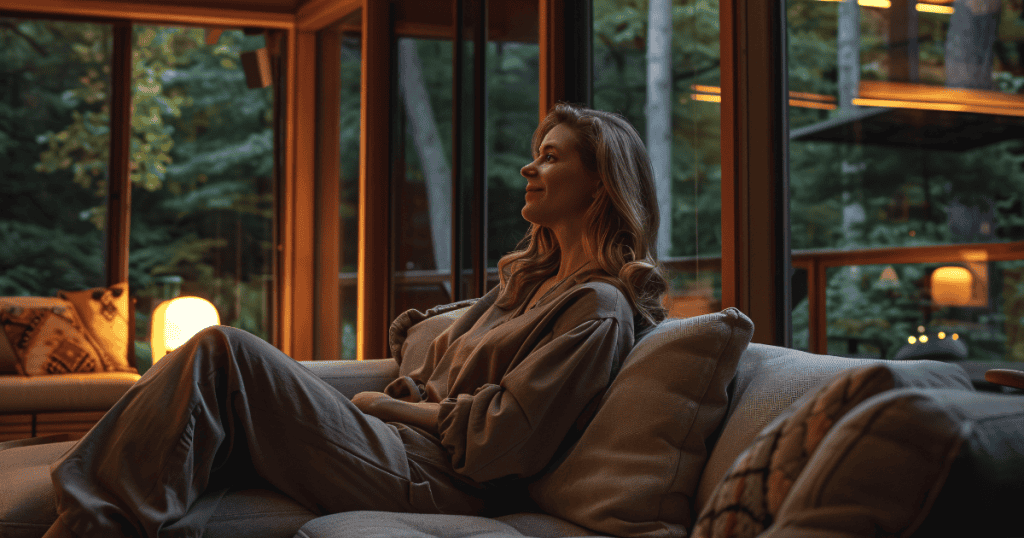 A woman lounging comfortably on a sofa in a warmly lit room, gazing out the window with a calm, self-assured expression.