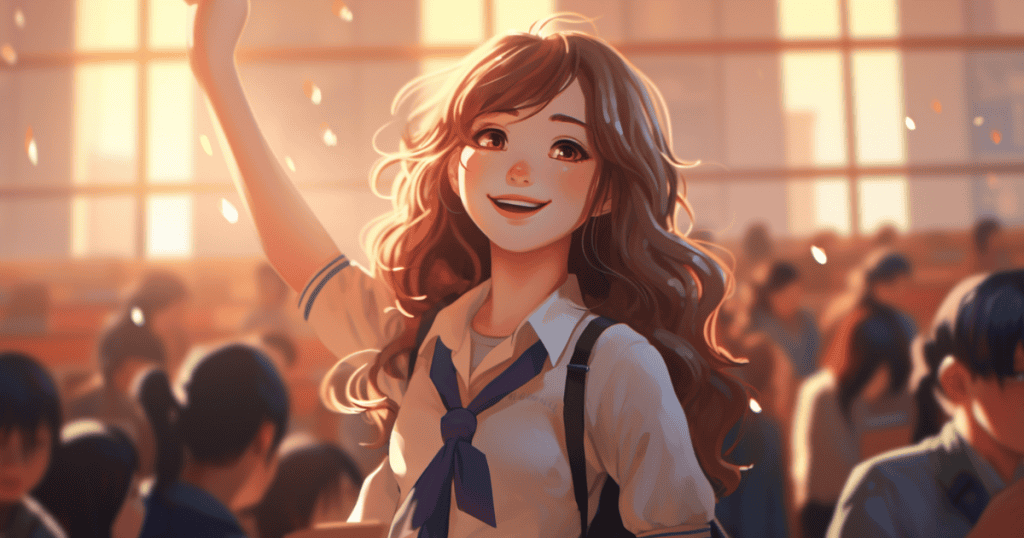 A cheerful young woman in an animated style, smiling brightly while waving, bathed in warm, golden light, reflecting a lighthearted yet decisive exit.