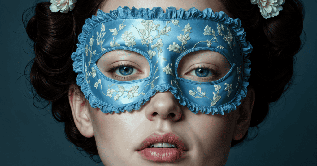 A close-up of a woman wearing a delicate blue embroidered mask captures the idea of hiding your true self.