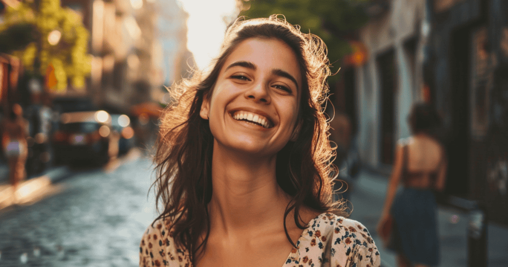 A joyful woman smiles brightly in the sunlight on a city street, representing the freedom of choosing happiness for yourself instead of letting a narcissist control it.