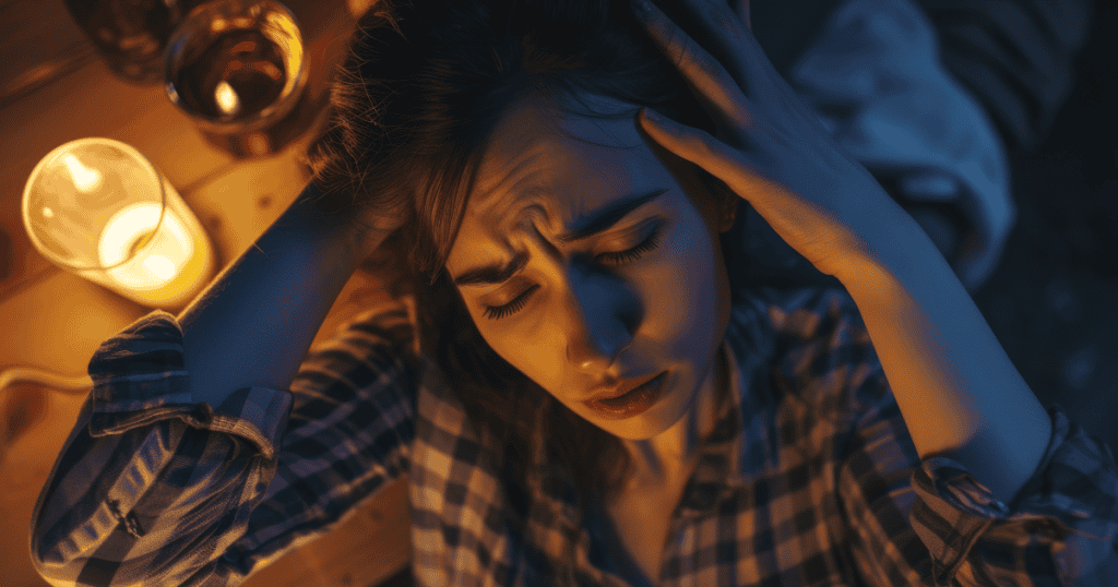 A woman presses her head in pain under warm candlelight, symbolizing how the body translates narcissistic stress into sudden headaches or migraines that seem to strike without warning.