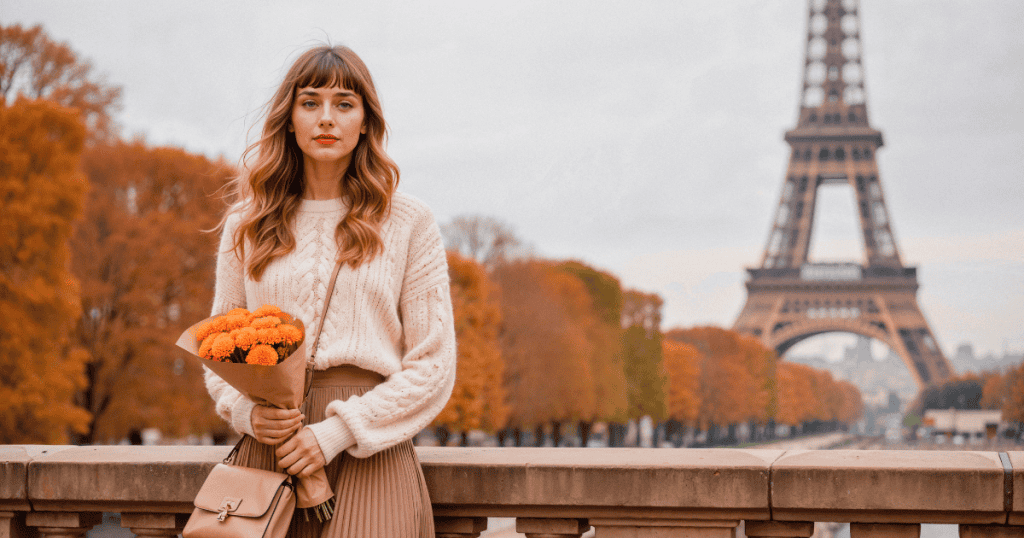 A woman holding orange flowers in front of the Eiffel Tower, symbolizing breaking free from the roles others impose and embracing self-identity with strength and clarity.