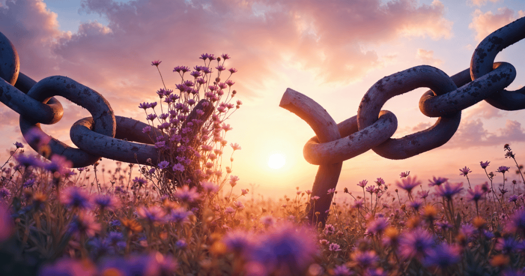 A broken metal chain lies among blooming wildflowers at sunrise, symbolizing how I broke the replay cycle with narcissists.