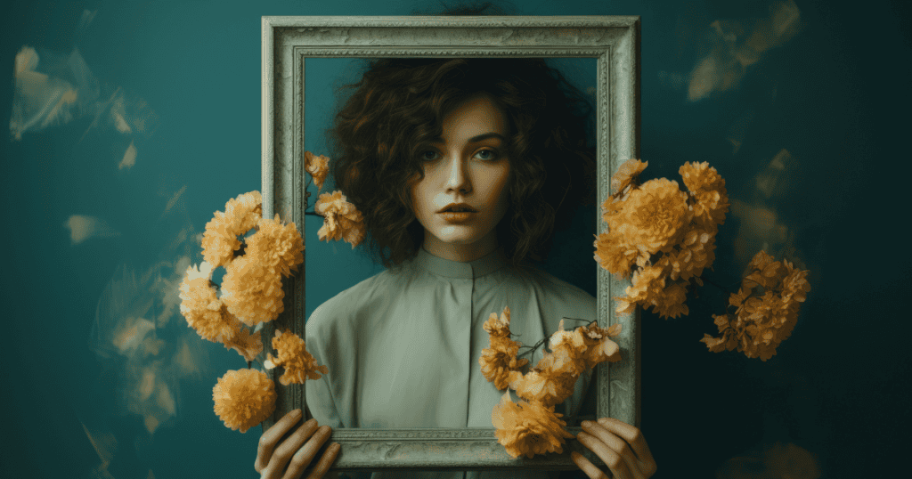 A woman with curly hair holds an ornate frame decorated with yellow flowers around her face, symbolizing the reflection on whether her outward image matches her authentic self.