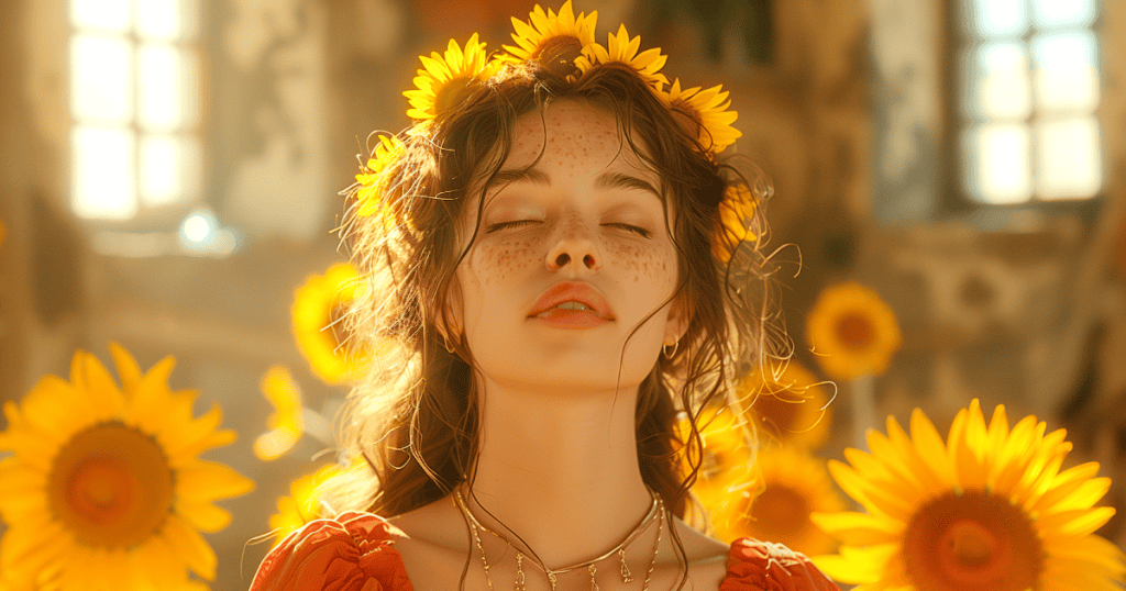 A young woman surrounded by sunflowers closes her eyes in peace, symbolizing the hope of building safe relationships after narcissistic abuse without fear of hidden landmines.