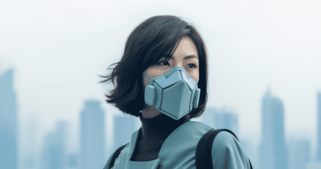 A woman wearing a futuristic mask against a city backdrop, symbolizing the survival mode of hiding behind defenses before beginning the unmasking process from narcissistic abuse.