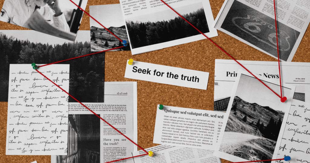 A corkboard displays photos, documents, and red string connections around a note reading โSeek for the truth,โ symbolizing uncovering hidden truths without a direct confession.