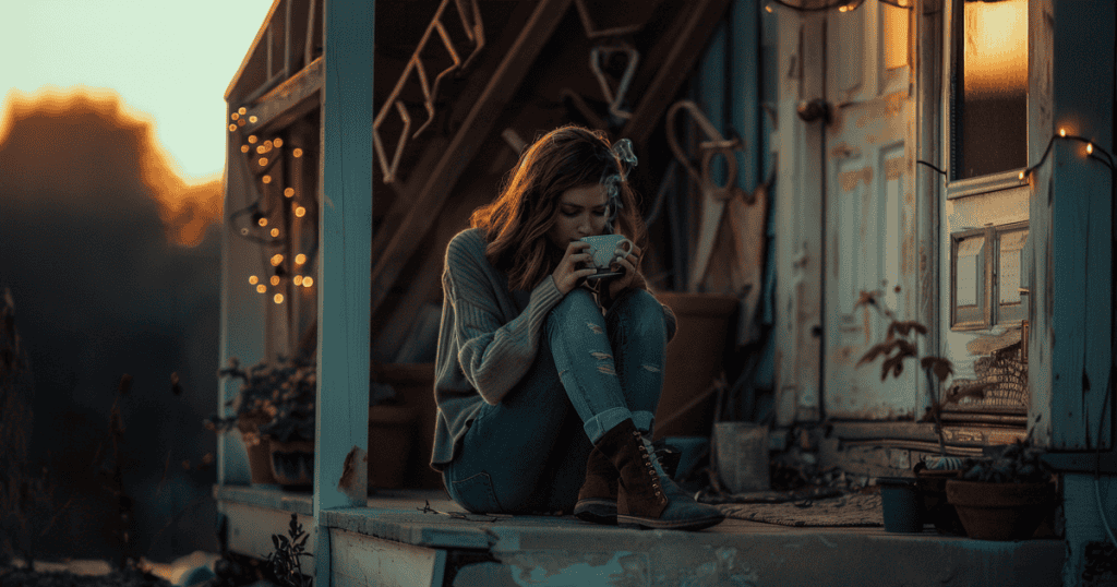 A woman sits quietly on a porch sipping from a mug, symbolizing the small grounding rituals that help you stay steady when the waves of grief hit.