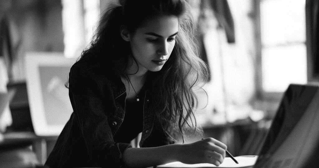 A woman studies intently with pen in hand, symbolizing how recognizing these signs becomes tactical intel to outsmart narcissistic patterns and protect her peace.
