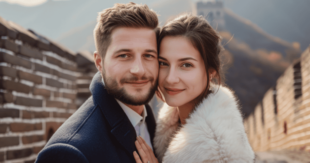 A couple stands close together on the Great Wall of China, radiating warmth, trust, and quiet confidence.