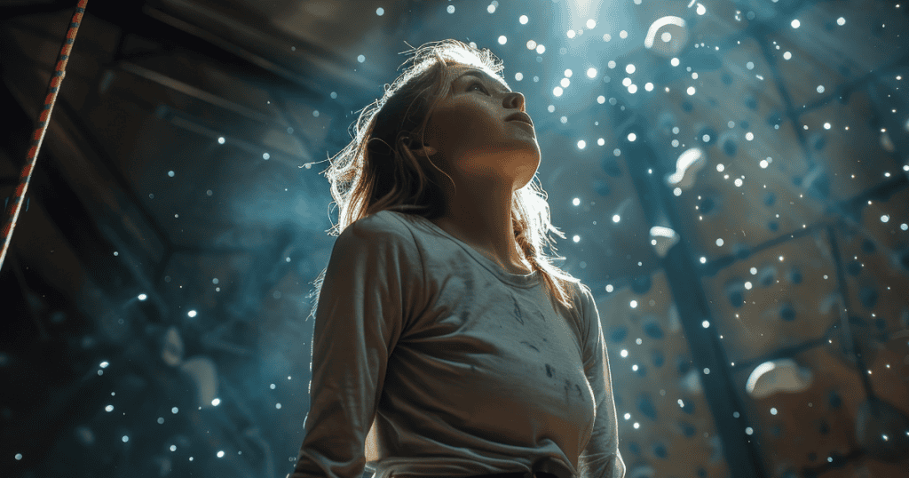A young woman looks upward in a beam of light, surrounded by floating dust, embodying quiet strength and self-assurance.
