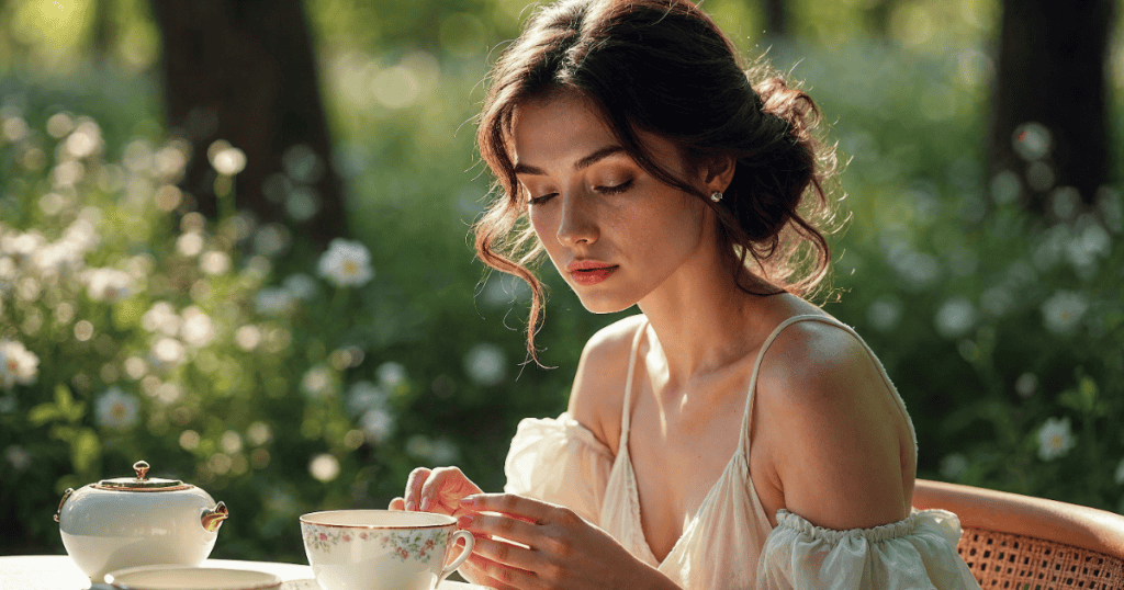 A woman sits outdoors with a teacup, looking down calmly, symbolizing the choice to engage in conversation only when it can be done respectfully.