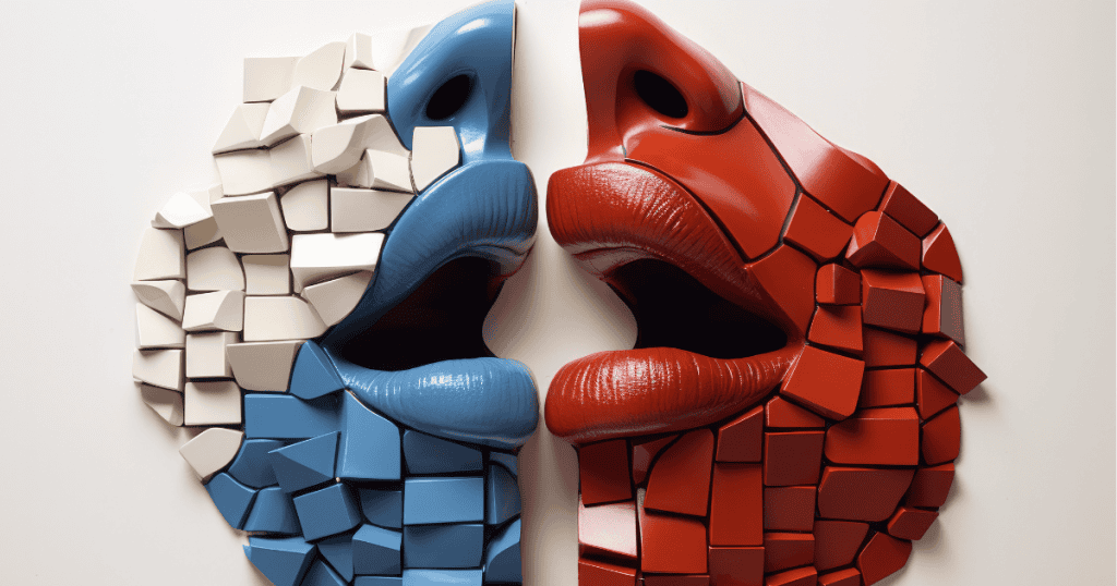 Two mosaic-style faces in blue and red face each other closely, symbolizing the tension between speaking oneโs truth and othersโ reactions.