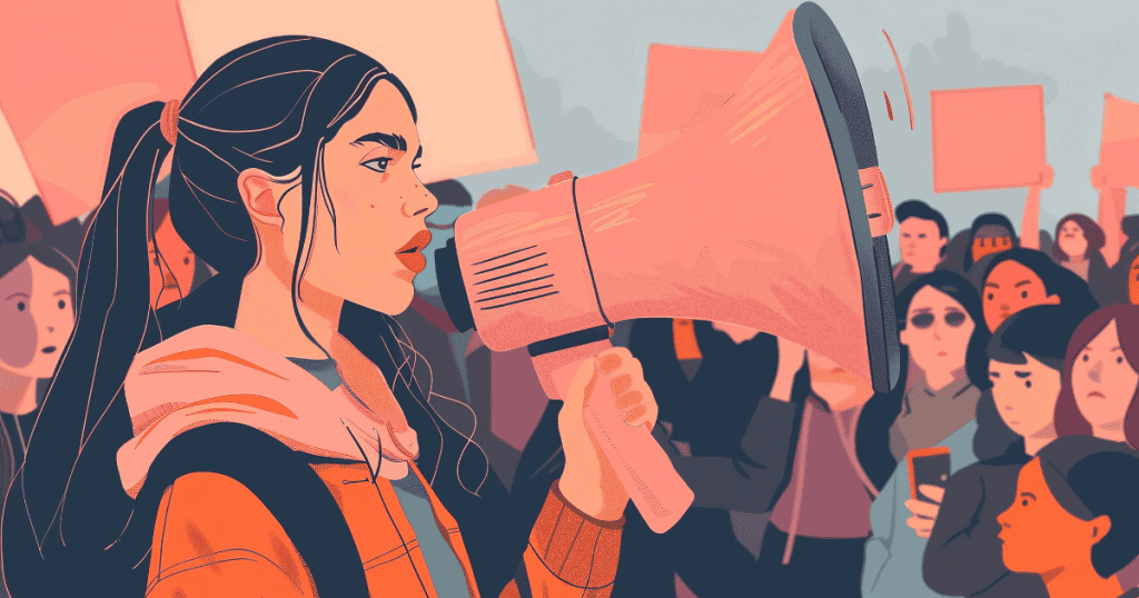 An illustrated woman speaks firmly into a megaphone during a protest, surrounded by a crowd holding signs, representing the strength of standing by your words without needing to repeat them.