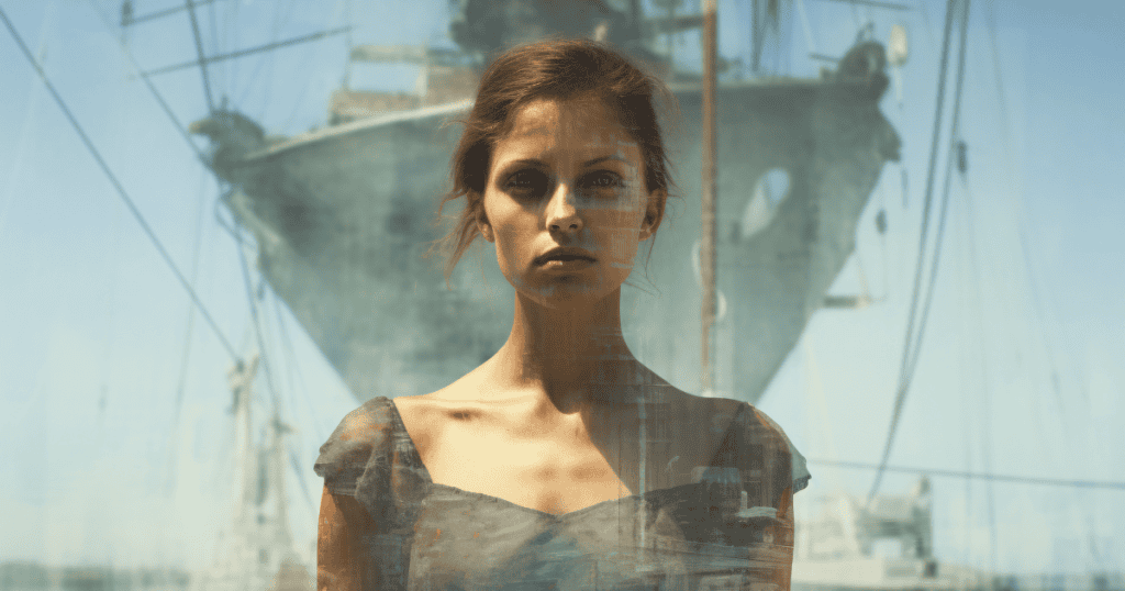 A woman stands with a serious expression against the reflection of a large ship, representing the strength and self-assurance found in letting go of the likeability trap.