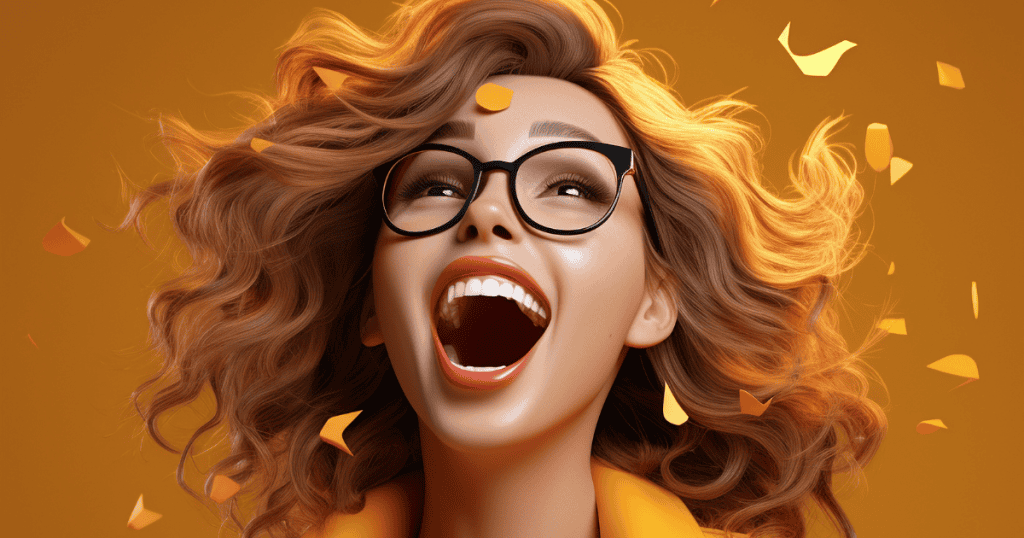 A joyful woman laughing freely as confetti falls around her, representing the liberation and authentic joy of life without the masks forced by narcissistic abuse.